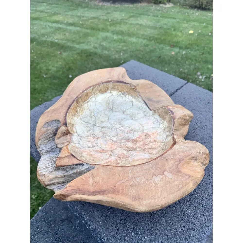 Teak Root Wood Bowl Capiz Shell Inlay 17”Handmade Decorative Centerpiece